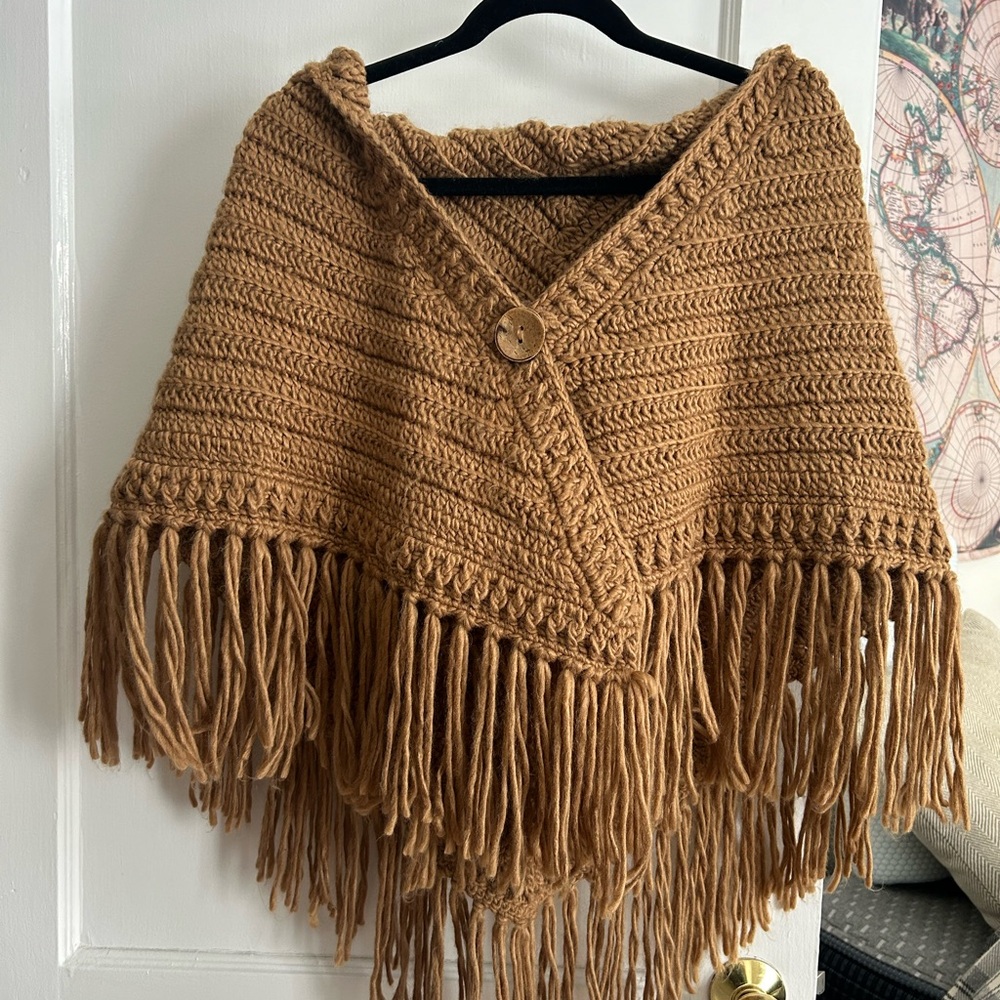 Cozy Brown Knit Poncho with Fringe